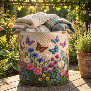 May include: A cylindrical fabric storage basket featuring a quilted texture with embroidered butterflies and a colorful wildflower meadow pattern. The basket is filled with folded cream-colored knit and blue plaid blankets.