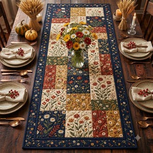 May include: A rectangular quilted table runner featuring a patchwork design of floral patterns in navy blue, cream, mustard yellow, and rust orange. The fabric displays various botanical motifs including daisies and wildflowers with intricate stitching.