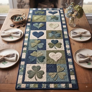 Può includere: Un runner da tavola trapuntato rettangolare con un motivo a griglia di quadrati alternati. Il design presenta trifogli e cuori ricamati nelle tonalità del blu navy, verde salvia e crema. Il bordo è rifinito con una bordatura blu scuro.