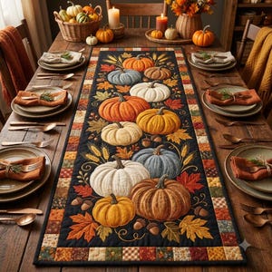 Runner da tavola trapuntato con zucche, decorazioni autunnali per la tavola, tovaglia patchwork per il Giorno del Ringraziamento, complemento d'arredo autunnale per la casa.