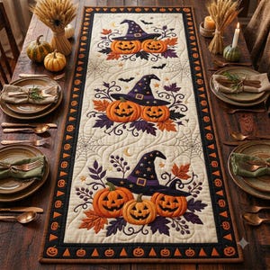 Puede incluir: Un camino de mesa acolchado rectangular con un centro color crema que presenta tres motivos repetidos de calabazas de Halloween con sombreros de bruja morados, rodeados de telarañas, hojas de otoño y un borde negro con calabazas.
