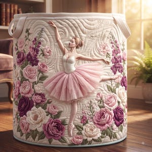 May include: A cylindrical fabric laundry hamper featuring a quilted cream-colored surface. The exterior is decorated with an embossed design of a ballerina in a pink tutu surrounded by detailed floral arrangements in shades of pink and purple.