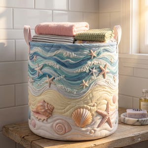 Könnte beinhalten: Ein zylindrischer Wäschekorb aus Stoff mit gestepptem Design im Strand-Thema. Der obere Bereich zeigt blaue Meereswellen mit weißen Seesternen, während der untere Bereich sandfarbene Töne mit verschiedenen Muscheln und Seesternen aufweist.