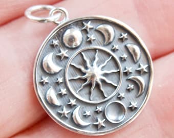 ALL 925 Sterling Silver Moon Phases and Stars Pendant / Sun Moon & Star necklace / Pagan Wiccan Goddess