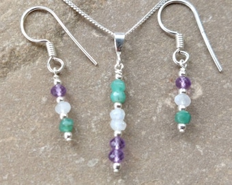 Sterling Silver Genuine Faceted Amethyst, White R. Moonstone & Emerald Pendant on 16" Fine Curb Necklace / Earrings / Set / Suffragette