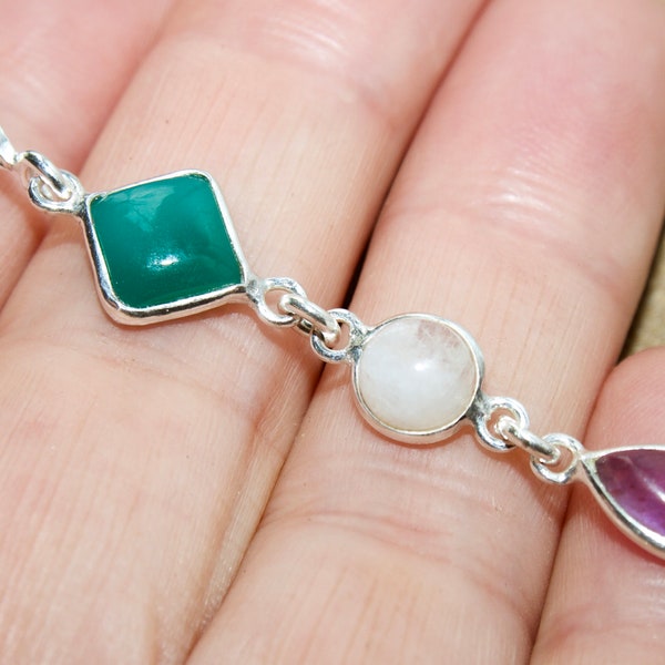 925 Sterling Silver Amethyst Teardrop, White Moonstone & Green Onyx Pendant Contemporary twist Suffragette colours