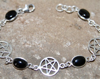 Sterling Silver Pentagram & Black Onyx Bracelet Pentacle Pagan - CUSTOM MAKES different length / stones