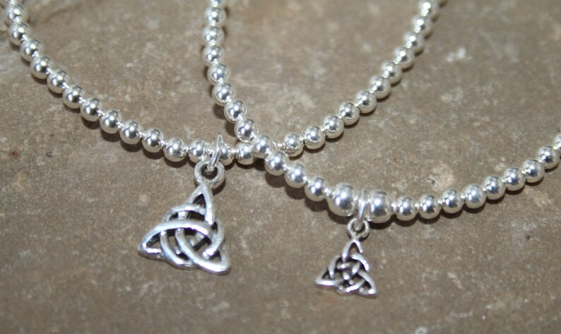 Triquetra charm Mother and Daughter Trinity Knot stacking bracelets 925 Sterling Silver stretch ball bracelets