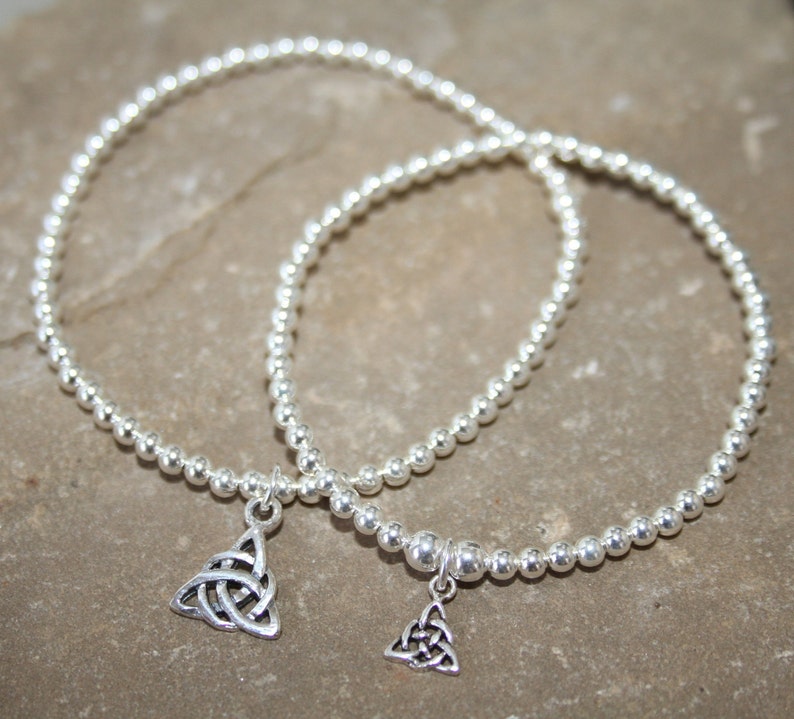 Triquetra charm Mother and Daughter Trinity Knot stacking bracelets 925 Sterling Silver stretch ball bracelets
