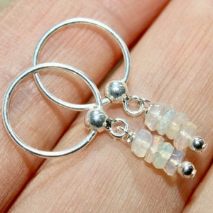 925 Sterling Silver TINY sleeper faceted Ethiopian Welo Opal Hoop earrings Earlobe  /  Helix / Cartilage