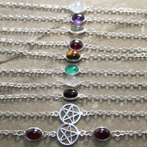 Solid 925 Sterling Silver GENUINE Gemstone or Pentacle or both belcher bracelet / anklet / ankle chain custom makes