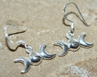Solid Silver Triple Moon Earrings / All 925 Sterling Silver / Moons / Wiccan / Pagan / Goddess / Pair or earrings