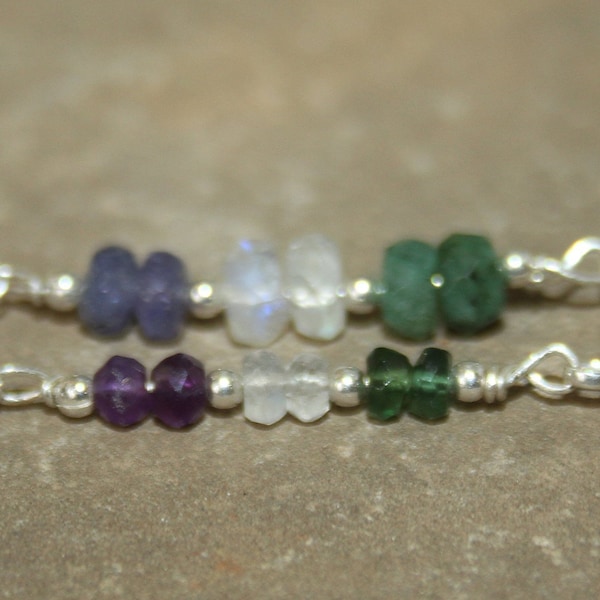 925 Sterling Silver Delicate faceted gemstone anklet Suffragette colours UK & USA /ALL Natural stones so they will vary from item to item