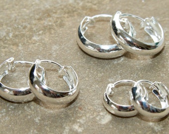 Pair of 925 Sterling Silver Earrings Hoops Boho Creole / Huggie style / Choice 10mm 12mm 14mm (all approx width 4mm) wide