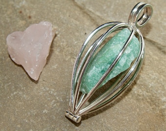 All 925 Sterling Silver Large Sea Glass / Tumble Stone / Gemstone CAGE Locket Pendant Necklace SOLID  925 Sterling Silver