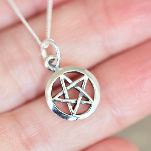 ALL solid 925 Sterling Silver ! Small (11mm) Pentagram Pentacle Pendant Necklace *