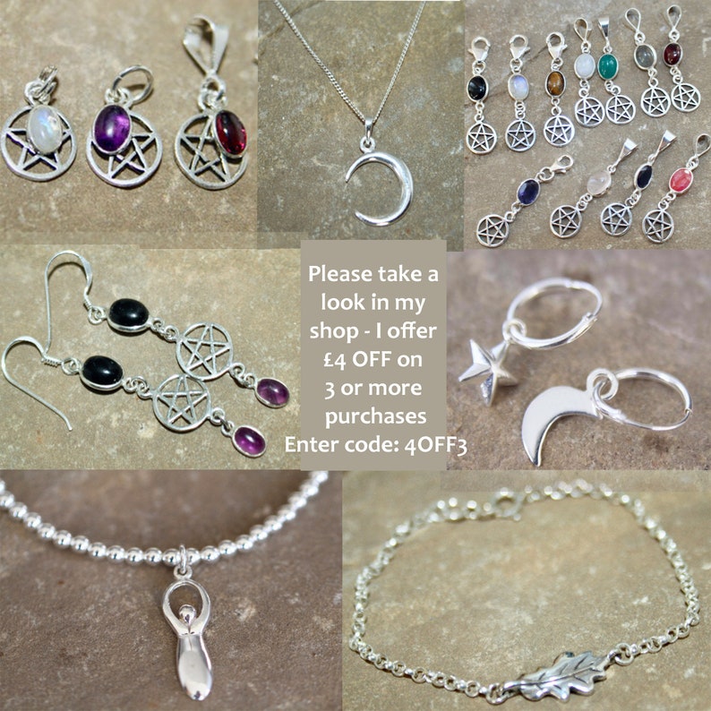 May include: A collection of silver jewelry featuring pentagram, crescent moon, and star charms. The jewelry includes earrings, necklaces, bracelets, and charms. The image also includes a text overlay with a discount code: "Enter code: 4OFF3".