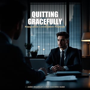 May include: Image of two men in suits, one facing the viewer, the other in profile. The text "QUITTING GRACEFULLY" is at the top, with "Resignation Conversation Playbook" below. A laptop sits on the desk. The bottom of the image reads "AUDIO ROLEPLAY + PDF COACHING GUIDE."