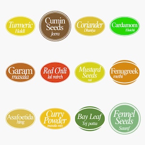 May include: A set of twelve colorful labels for spice jars, each featuring the name of a spice in English and its corresponding Hindi name. The labels are arranged in three rows and include Turmeric, Cumin Seeds, Coriander, Cardamom, Garam Masala, Red Chili, Mustard Seeds, Fenugreek, Asafoetida, Curry Powder, Bay Leaf, and Fennel Seeds.