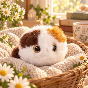 May include: A round, plush stuffed animal with soft white, brown, and golden-yellow fur. It features large, dark, circular eyes with gold-colored embroidered outlines. The plush toy is nestled inside a woven wicker basket lined with a cream-colored knit fabric.