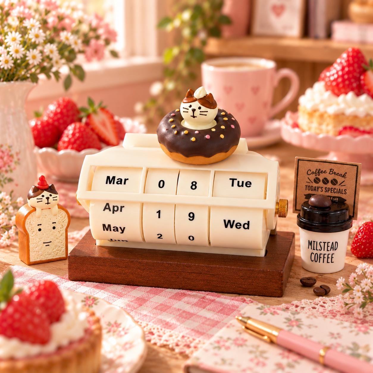 Cute Cat Perpetual Calendar, Reusable Desk Calendar with Dessert Buddies for Office