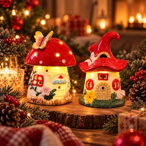 May include: Two ceramic mushroom-shaped houses with internal lighting. The left house has a red cap with white spots and a butterfly on top. The right house features a curved red roof, a textured arched door, and painted yellow flowers at the base.