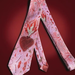 Flaming Sacred Heart Necktie, Pink Y2K Punk Gothic Tie, Alternative Statement Suit Accessory, Unisex Polyester Tie