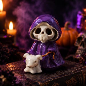 May include: A small figurine of a white skull-faced character wearing a glossy purple hooded cloak, holding a thin gold-colored leash attached to a small white dog figurine. The character has large dark eye sockets and a visible nose and mouth area.