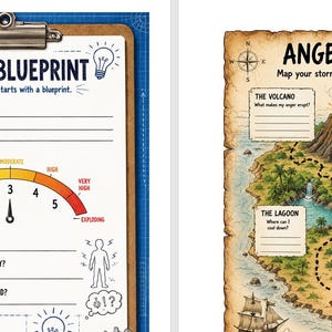May include: Two educational worksheets featuring an Anger Blueprint on a clipboard with a gauge for intensity and an Anger Island map with prompts for The Volcano, The Cliff, The Jungle, The Lagoon, and The Beach to explore emotional responses.