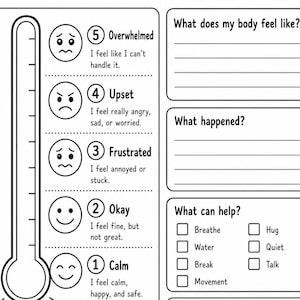 May include: A black and white printable emotion thermometer worksheet featuring a vertical scale from one to five with corresponding facial expressions, text prompts for body sensations, triggers, coping strategies, and a space for a safe adult contact.