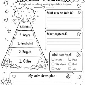 May include: A black and white printable worksheet titled ANGER VOLCANO featuring a volcano graphic with five levels from 1. Calm to 5. Exploding. It includes sections for What does my body do, What happened, What can help, and My calm down plan.