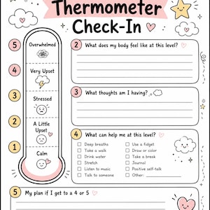 Könnte beinhalten: Ein ausdruckbares Emotion Thermometer Check-In Arbeitsblatt mit einer vertikalen Skala von 1 bis 5, Emotionssymbolen, Schreibfeldern für Körperempfindungen und Gedanken, einer Checkliste für Bewältigungsstrategien und einem Planungsbereich.