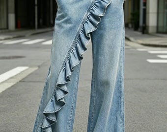 Ruffle Trim High Waist Wide-Leg Jeans for Women, Romantic Flared Denim Pants, Unique Designer Inspired Jeans