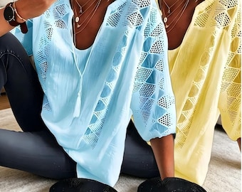 2pcs Women’s Summer Cut-out Shirt – Boho Tassel Tie Neck Top, Hollow Lace 3/4 Sleeve Blouse for Casual, Office and Outdoor Wear