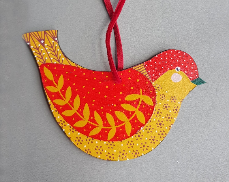 Hand Painted Wooden Bird Decoration Red Wing image 1