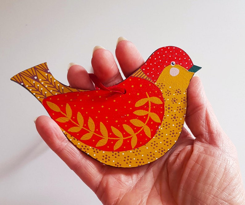 Hand Painted Wooden Bird Decoration Red Wing image 2