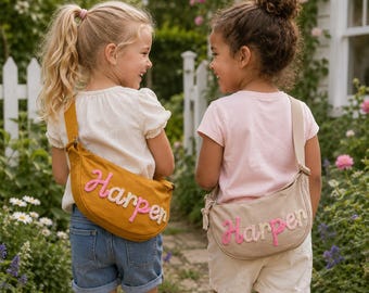 Personalized Kids Crossbody Bag, Custom Name Embroidered Crescent Shoulder Bag, Girls Sling Purse, Birthday Gift for Girl
