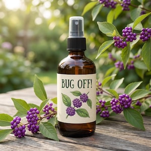 May include: A brown glass spray bottle with a black cap and a label that reads "BUG OFF!". The label features a drawing of purple berries and green leaves. The bottle is on a wooden surface, with branches of purple berries in the background.