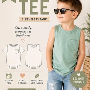 Può includere: Un cartamodello per t-shirt e canotta con orlo curvo per bambini. Il documento presenta il testo "Curved Hem TEE", "SLEEVELESS TANK" e taglie da NB a 9/10. Include disegni al tratto di una t-shirt e di una canotta senza maniche.