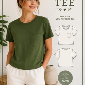 May include: An olive green short-sleeved t-shirt with a chest pocket, accompanied by a sewing pattern illustration showing front and back views, text reading Everyday TEE, SEW YOUR NEW FAVORITE TEE, SIZES 0-20, AO FILE, PRINT AT HOME FILE, INSTRUCTION FILE.