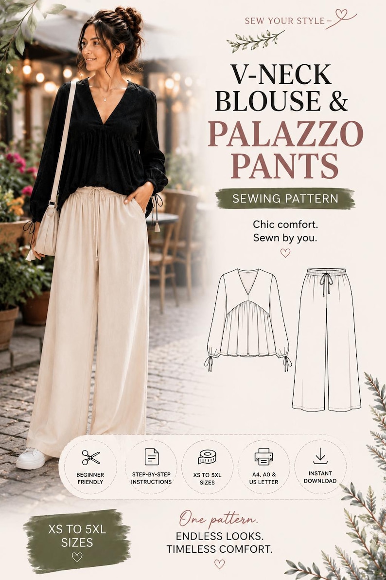 Instant Download Sewing Pattern V-neck Blouse & Palazzo Pants Sewing Pattern PDF | XS–5XL | Beginner ...