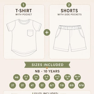 Pode incluir: Um molde de costura digital em PDF para uma camiseta com bolso no peito e shorts com bolsos laterais. O molde inclui tamanhos de recém-nascido a 10 anos. Os arquivos fornecidos são A0, A4, US letter e um arquivo de instruções para imprimir.