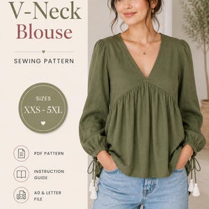 Op de afbeelding: Een olijfgroene V-hals blouse met lange mouwen, geplooide manchetten en strikdetails. De tekst luidt V-Neck Blouse, SEWING PATTERN, SIZES XXS-5XL, PDF PATTERN, INSTRUCTION GUIDE, A0 & LETTER FILE en EASY TO SEW. De blouse wordt gedragen met een blauwe jeans.