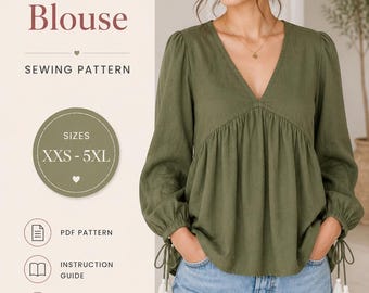 May include: An olive green V-neck blouse with long sleeves, gathered cuffs, and tie details. The text reads V-Neck Blouse, SEWING PATTERN, SIZES XXS-5XL, PDF PATTERN, INSTRUCTION GUIDE, A0 & LETTER FILE, and EASY TO SEW. The blouse is paired with blue jeans.