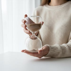 May include: A clear glass hourglass with brown sand inside. The hourglass is held by a person wearing a cream-colored sweater. The sand is flowing from the top bulb to the bottom bulb. The hourglass is sitting on a white surface.