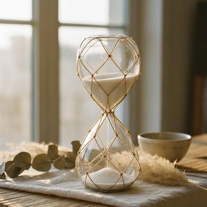 May include: Hourglass with clear glass and white sand, encased in a gold-colored net. The hourglass sits on a wooden surface with a white cloth, near a window. A small bowl is in the background.