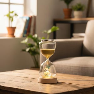 May include: A clear glass hourglass with a silver top and wooden base, filled with golden sand. Inside the bottom chamber is a small, illuminated rabbit figurine. The hourglass sits on a wooden table.