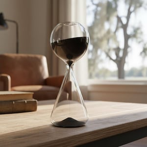 May include: A clear glass hourglass with black sand inside. The hourglass has a bulbous top and bottom, connected by a narrow neck. The sand is partially fallen, indicating the passage of time. The hourglass is set on a wooden table.