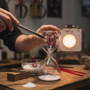 May include: A glassblower crafting a clear hourglass with red and white candy cane-shaped glass inside. The hourglass sits on a wooden table with a bowl of white sand, tongs, and a small furnace in the background.