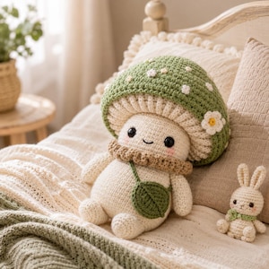 Puede incluir: Un peluche de hongo tejido a ganchillo con una gorra verde salpicada de flores blancas y un tallo beige. Tiene una cara sonriente, un cuello marrón y una bolsa en forma de hoja verde. También hay un pequeño conejito tejido a ganchillo con un lazo verde.